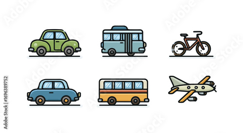 Collection of transportation cartoon icons vehicles including car bus bicycle and airplane vector illustration transport