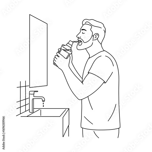 Man rinsing mouth in bathroom, focused mood, at mirror sink, simple black and white vector illustration