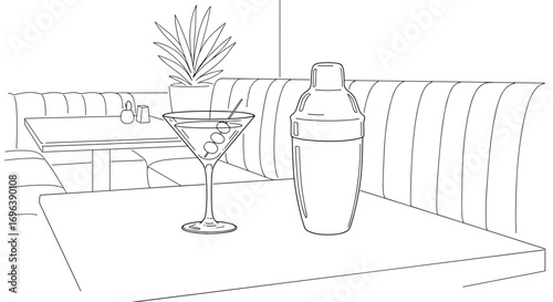 Martini glass and shaker, relaxed mood, on restaurant table, minimal clean line art for dining and lifestyle themes