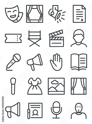 Drama icons in minimalistic line art style: theater masks, stage curtain, spotlight, script, ticket, director chair, clapperboard, actor icon,