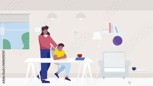 Mother Helping Son with Homework at Home Desk