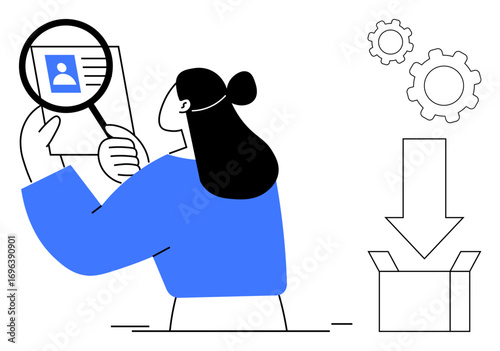 Individual reviewing profile details with large magnifying glass, accompanied by gears, downward arrow, and box. Ideal for recruitment, HR processes, analysis, technology, updates logistics simple