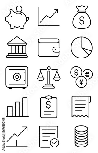 Economics icons in minimalistic line art style: piggy bank, graph, money bag, calculator, bank, wallet, chart, currency symbols, bar chart, safe,