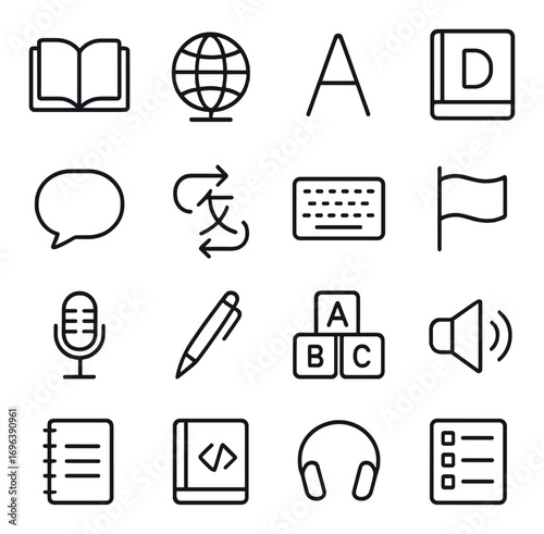 Languages icons in minimalistic line art style: book, globe, letter A, dictionary, speech bubble, translation arrows, keyboard, flag, microphone, pen,