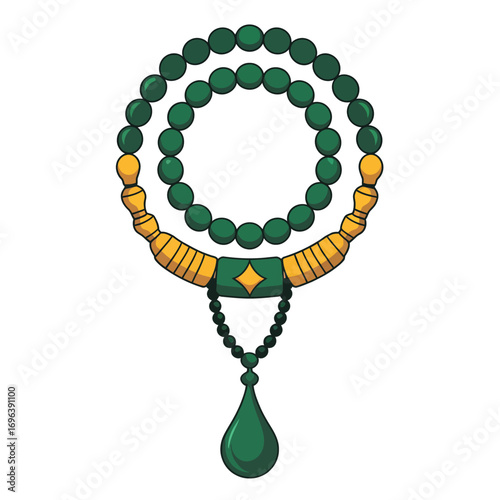 Colorful vector of Islamic prayer beads in green and gold arranged in a circle isolated on white background