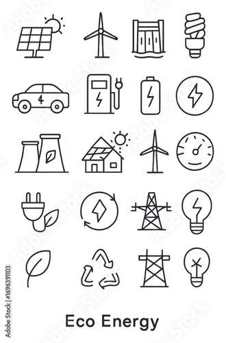 Eco Energy icons in minimalistic line art style: solar panel, wind turbine, hydro dam, energy-saving bulb, electric car, charging station, battery