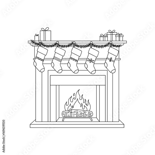 Simple line sketch of a fireplace with stockings