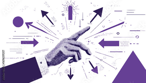 Concept of digital transformation using technology direction arrows with a hand pointing toward future innovation and change management