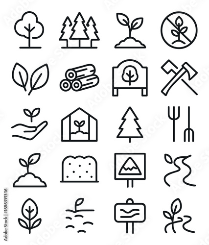 Forestry icons in minimalistic line art style: tree, forest, sapling, logging ban icon, leaves, wood pile, park sign, axe crossed out, planting hand,