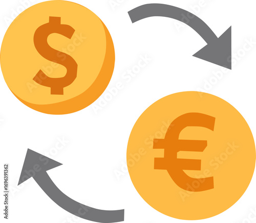 Flat cartoon illustration of currency exchange with dollar and euro coins connected by arrows. Perfect for finance, forex trading, banking, and business themes.