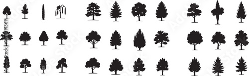 Tree Silhouette Vector Collection – Abstract Botanical Icons of Pine, Spruce, Larch, and Seasonal Nature Elements