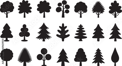 Tree Silhouette Vector Collection – Abstract Botanical Icons of Pine, Spruce, Larch, and Seasonal Nature Elements