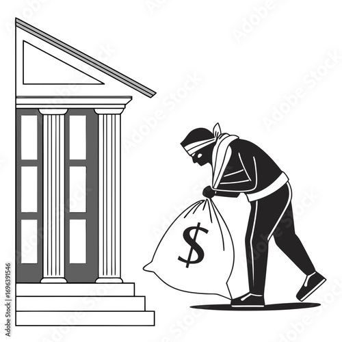 A masked thief wearing a bandana carries a large bag of money with a dollar sign out of a classical bank building