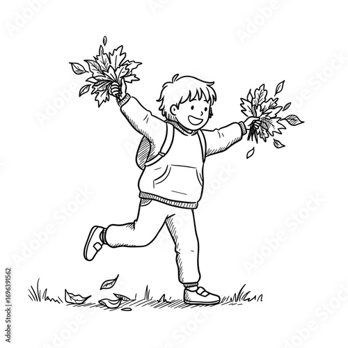 Simple vector linear illustration of a child collecting leaves