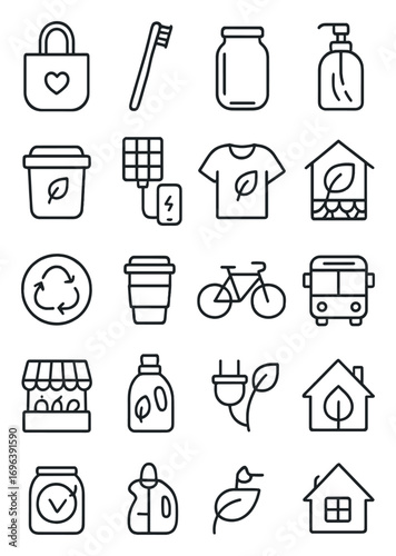 Sustainable Living icons in minimalistic line art style: reusable bag, bamboo toothbrush, glass jar, refill bottle, compost bin, solar charger, eco