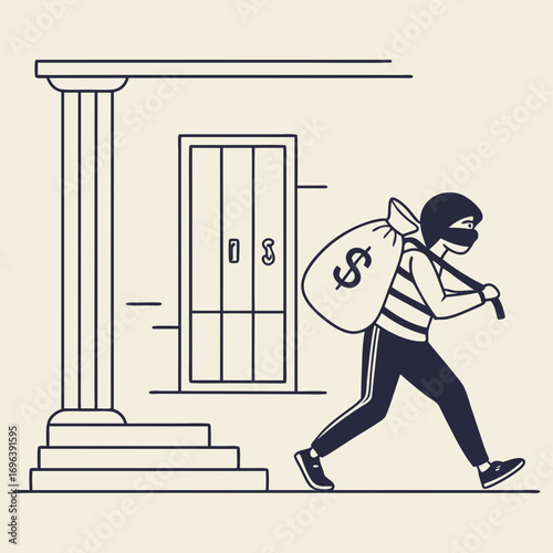 A masked thief wearing striped clothing carries a large bag of money with a dollar sign away from a building