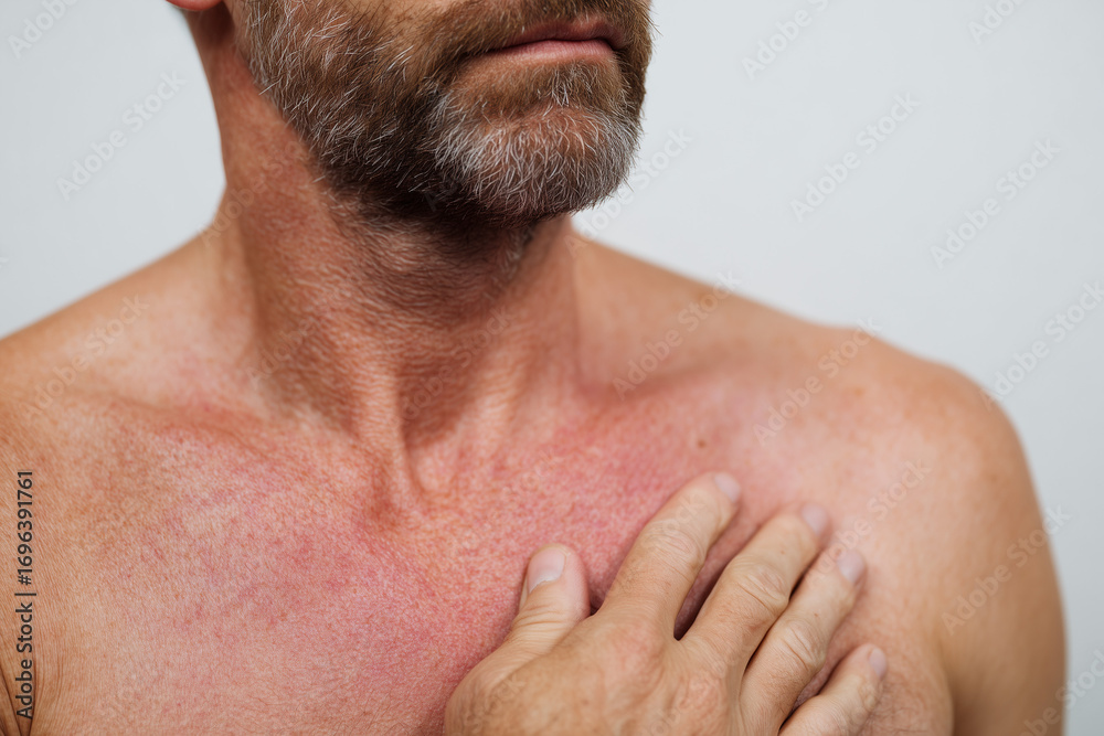 Fototapeta premium Man gently touching his sunburned shoulder while seated indoors during the summer months Generative AI