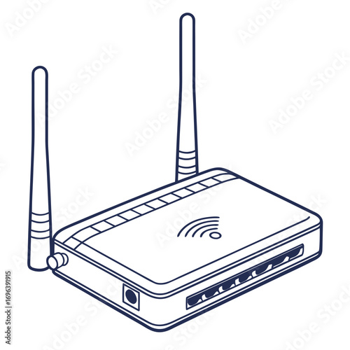 Isometric line art illustration of a wireless router with two antennas and a wi fi signal symbol