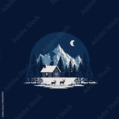 Cozy Winter Cabin Retreat in a Mountain Landscape under a Crescent Moon with Deer and Pine Trees