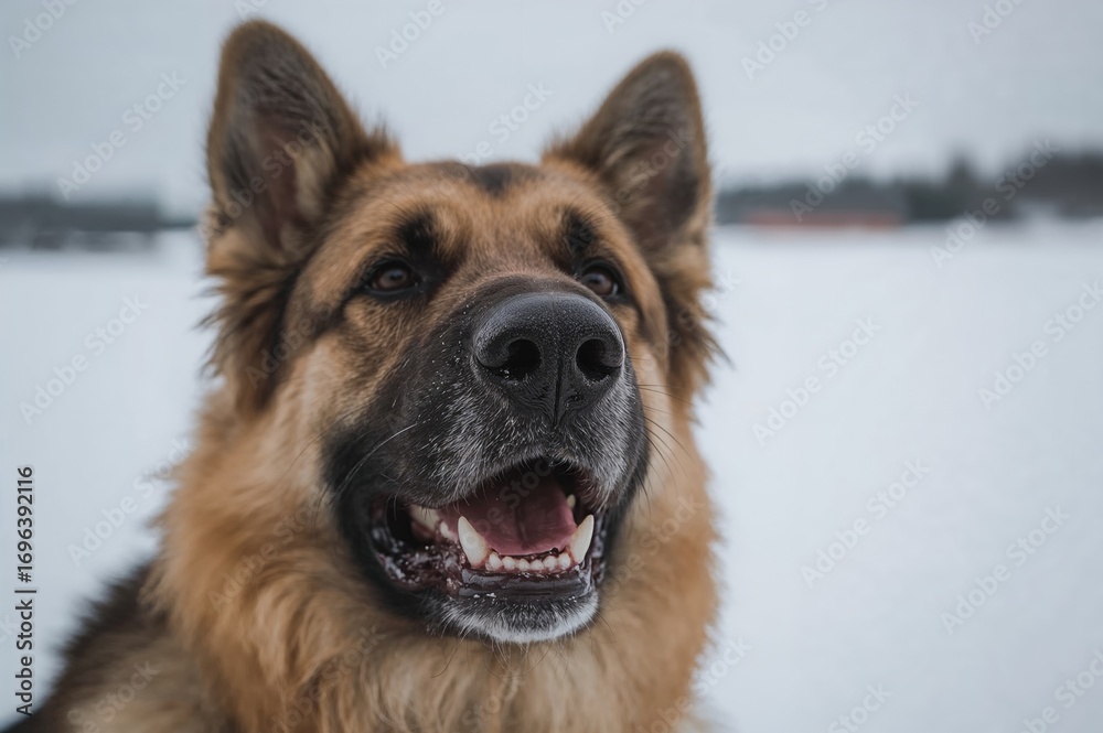 Naklejka premium Close-up of a shepherd dog's snout with a snowy landscape in the background
