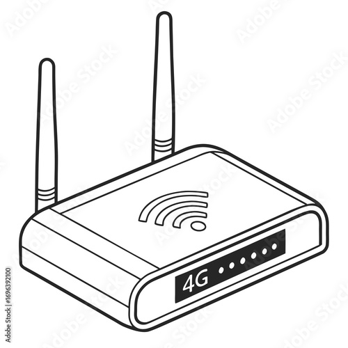 Modern 4g wireless router with two antennas and signal strength indicator lights in a clean line art style