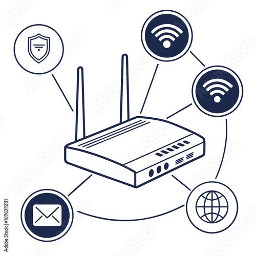 Modern wireless router connecting to internet security email and wi fi signals with network technology concept