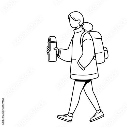 Girl with thermos of tea, walking in autumn, simple vector linear illustration, sketch style, black and white
