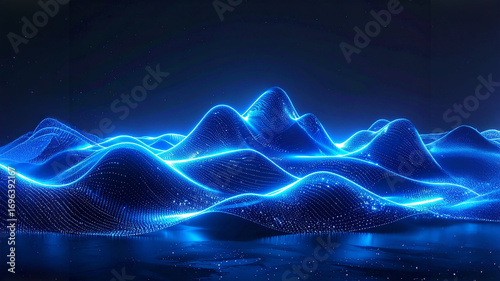 Abstract 3D glowing landscape with futuristic neon waves and digital particle textures. Represents big data, artificial intelligence, digital transformation, and innovation.