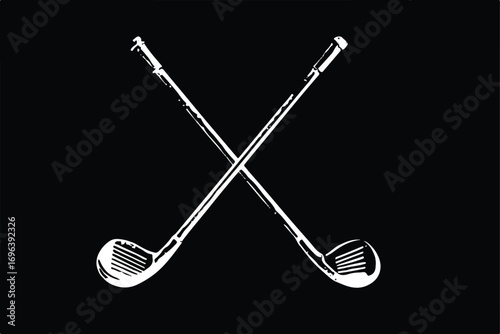 Crossed golf clubs icon on black background for golfing concept and equipment design elements with simplicity