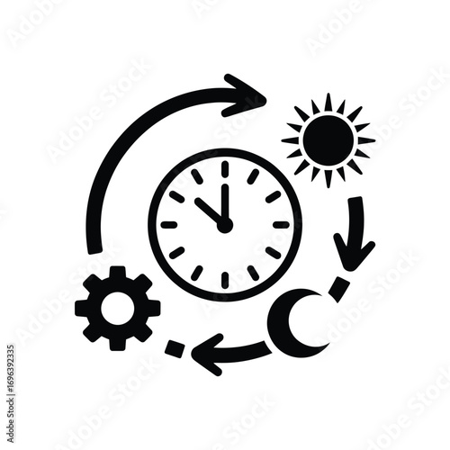 Clock cycle with sun moon and gear icons representing time and automation