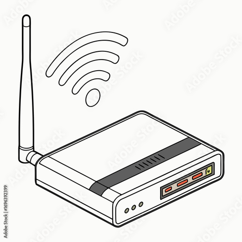 Stylized outline illustration of a modern wireless router broadcasting a wi fi signal with indicator lights