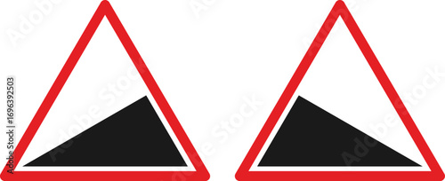 Steep climb traffic sign set. warning road sign set. danger hill caution traffic sign. Attention red triangle mark isolated on white background. Vector illustration
