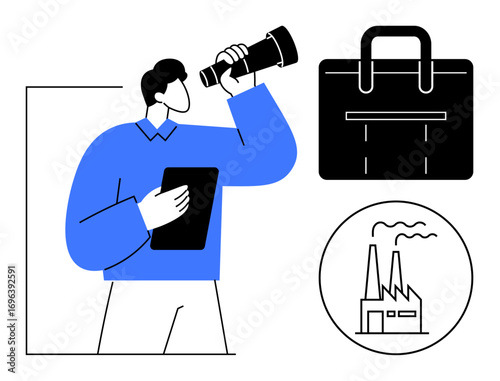 A man looks through a telescope while holding a tablet, accompanied by a briefcase and factory icon. Ideal for business strategy, leadership, planning, vision, career growth, marketing, industry