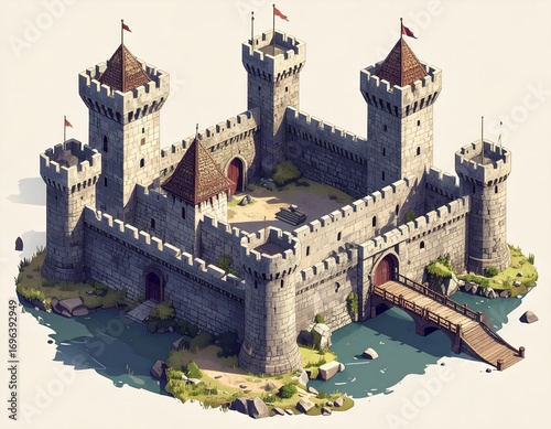 Medieval stone castle with towers, walls, and drawbridge, situated on an island with water surrounding it.