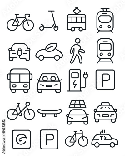 Clean Transport icons in minimalistic line art style: bicycle, scooter, tram, subway, electric car, hybrid car, pedestrian icon, train, bus, carpool,