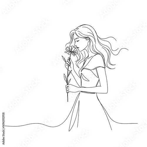 Woman smelling flower, simple vector linear illustration, sketch style, black and white