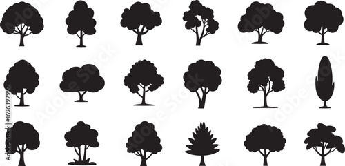 Tree Silhouette Vector Collection – Abstract Botanical Icons of Pine, Spruce, Larch, and Seasonal Nature Elements