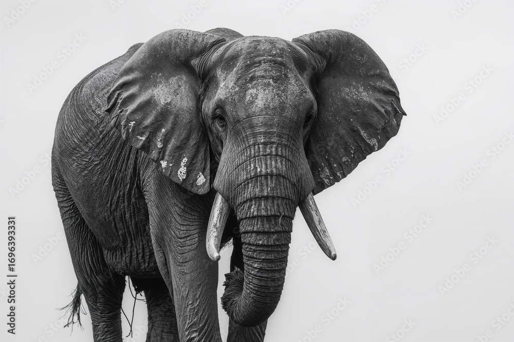 Obraz premium Black and White Image of a Mud-Covered Elephant Male