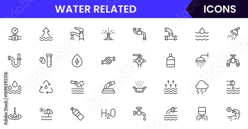 Water-Related vector web line icon collection, sleek illustrations of waves, drops, EV tech, and sustainable aquatic systems for eco-designs.