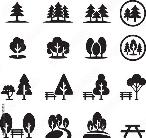Public Park Vector Icons – Silhouettes and Flat Design of Urban Nature, Trees, and Outdoor Recreation Elements