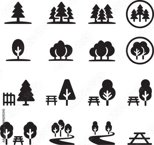 Public Park Vector Icons – Silhouettes and Flat Design of Urban Nature, Trees, and Outdoor Recreation Elements