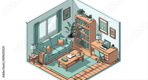 Isometric cozy home office living room interior design modern Flat Illustration WorkFromHome Desk Bookshelf Sofa