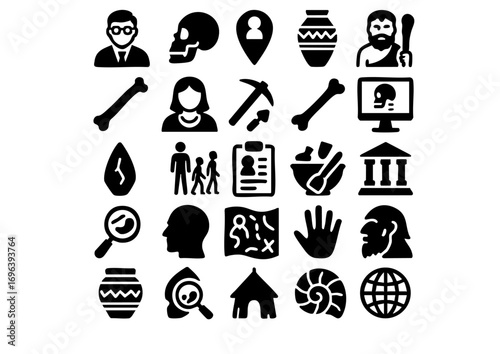 Anthropology and Archaeology Vector Icon Set, Human Evolution and Cultural Studies Icons, Anthropological Research and Discovery Vector Collection