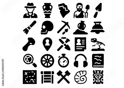 Archaeology and Excavation Tools Vector Icon Set, Ancient Artifacts and Archaeological Discovery Icons, Archaeologist Equipment and Historical Research Collection