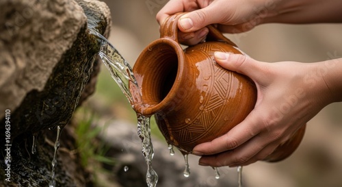 Woman hands filling an ancient clay jug with fresh, clear spring water from a natural rock source. Biblical times concept for alive water and desert life.