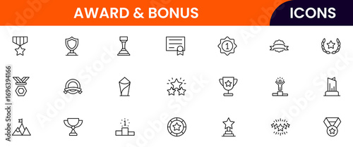Awards vector web line icon collection, sleek illustrations of trophies, medals, and recognition symbols for celebratory and achievement designs.