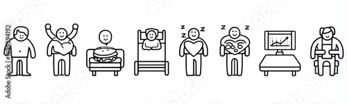 Daily Routine Line Icon Set representing lifestyle and habits including Work Sleep Food Relax and Exercise