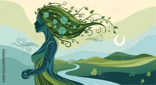 Beautiful stylized nature spirit woman flowing green hair landscape river Gaia Earth goddess environment green blue
