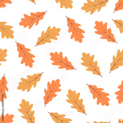 Seamless pattern of oak leaves. Vector illustration, autumn background of yellow and orange leaves.