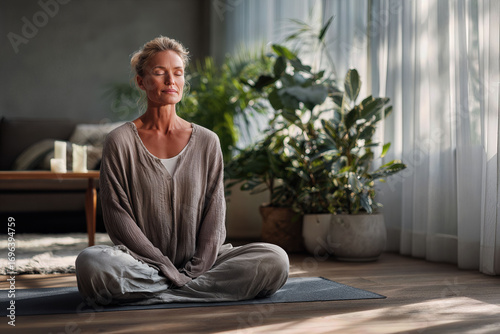 Wallpaper Mural Middle aged caucasian woman meditating on yoga mat at home Torontodigital.ca